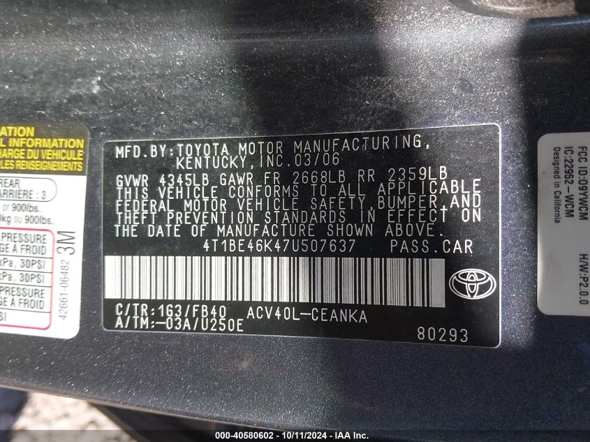 4T1BE46K47U507637 2007 Toyota Camry Le