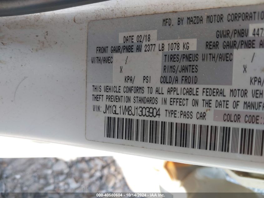 2018 Mazda Mazda6 Touring VIN: JM1GL1VM8J1303904 Lot: 40580604