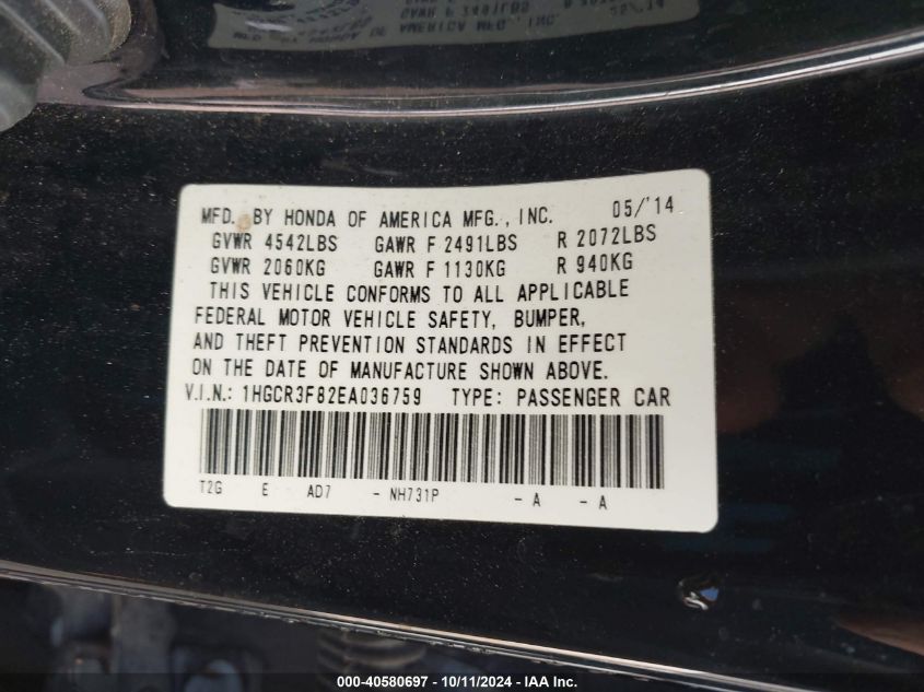 1HGCR3F82EA036759 2014 Honda Accord Exl