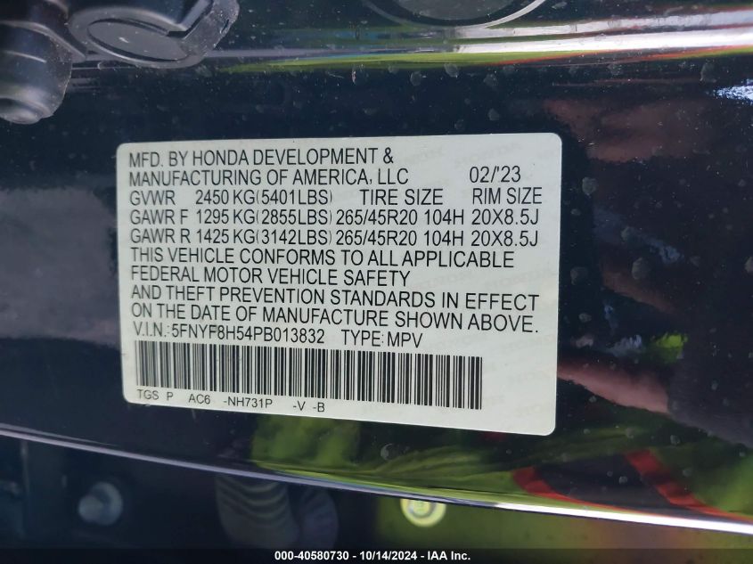 2023 Honda Passport Exl VIN: 5FNYF8H54PB013832 Lot: 40580730