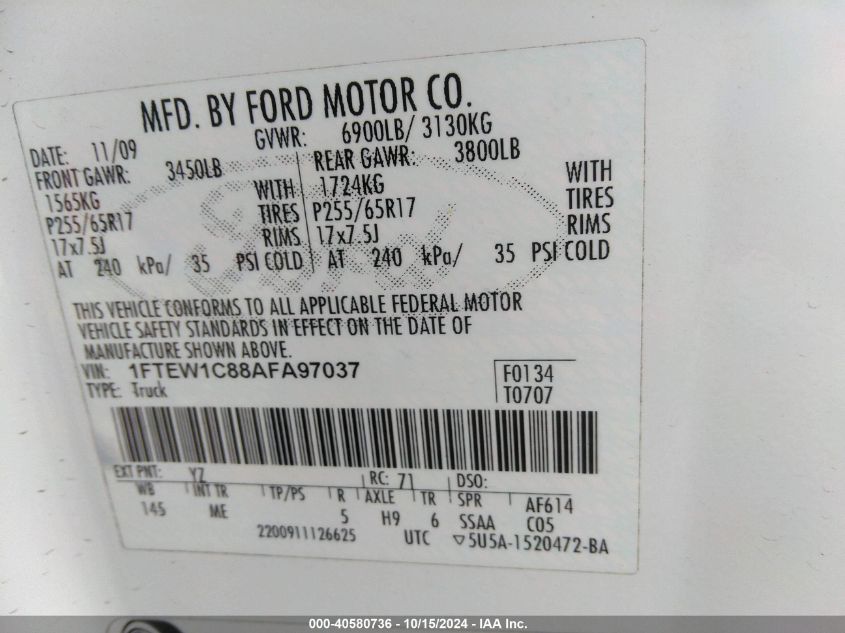 2010 Ford F-150 Xlt VIN: 1FTEW1C88AFA97037 Lot: 40580736