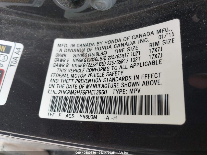 2015 HONDA CR-V VIN: 2HKRM3H76FH513960