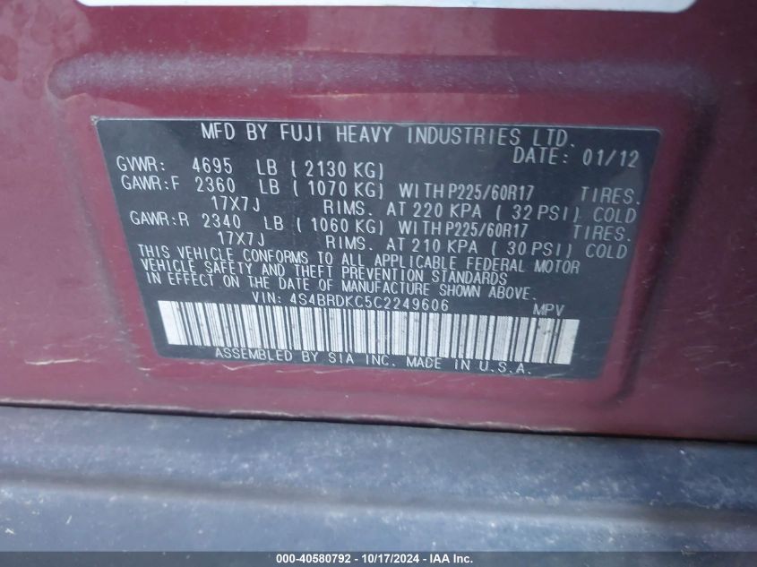 2012 Subaru Outback 3.6R Limited VIN: 4S4BRDKC5C2249606 Lot: 40580792