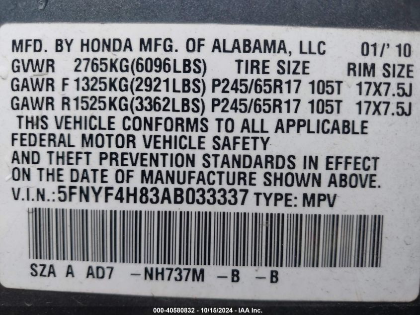 2010 Honda Pilot Touring VIN: 5FNYF4H83AB033337 Lot: 40580832