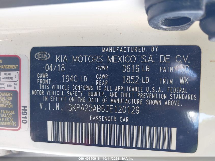 3KPA25AB6JE120129 2018 Kia Rio Lx/S