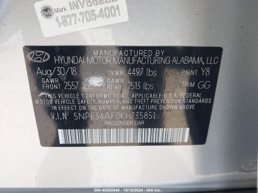 2019 Hyundai Sonata Sel VIN: 5NPE34AF0KH735851 Lot: 40580948