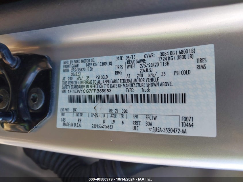 2015 FORD F-150 PLATINUM VIN: 1FTEW1CG7FFB86953