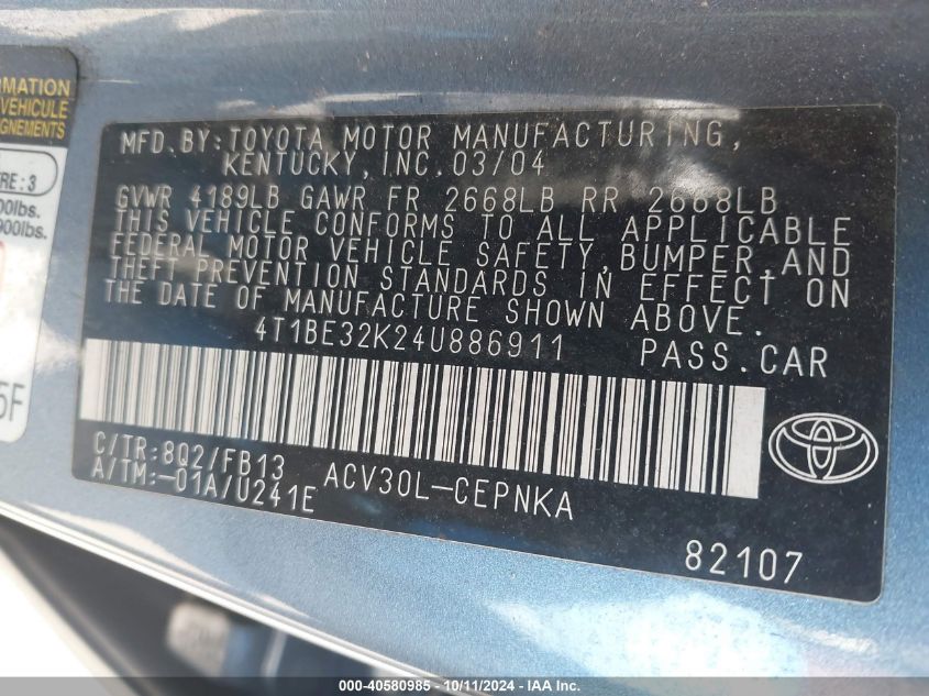 4T1BE32K24U886911 2004 Toyota Camry Le