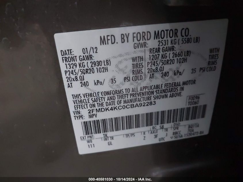 2012 Ford Edge Limited VIN: 2FMDK4KC0CBA92283 Lot: 40581030