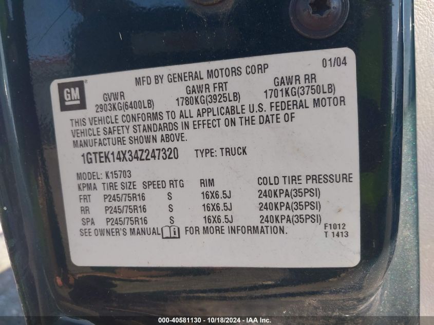 2004 GMC Sierra 1500 VIN: 1GTEK14X34Z247320 Lot: 40581130
