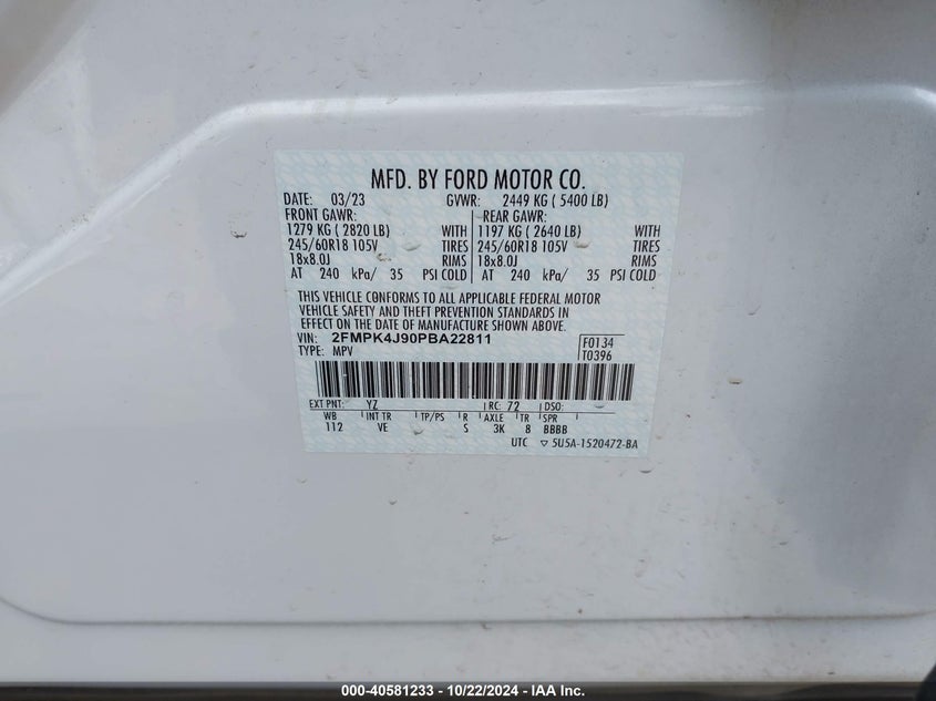 2023 Ford Edge Sel VIN: 2FMPK4J90PBA22811 Lot: 40581233