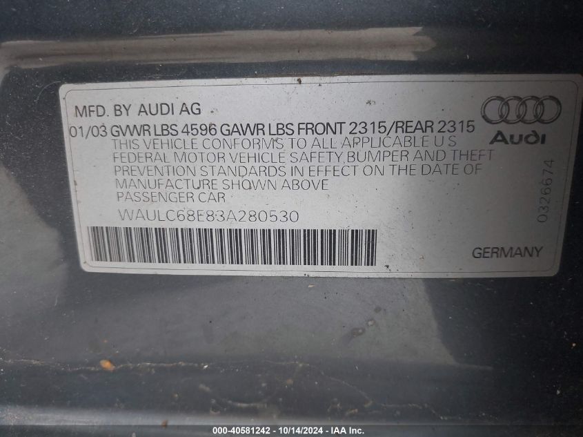 2003 Audi A4 1.8T VIN: WAULC68E83A280530 Lot: 40581242