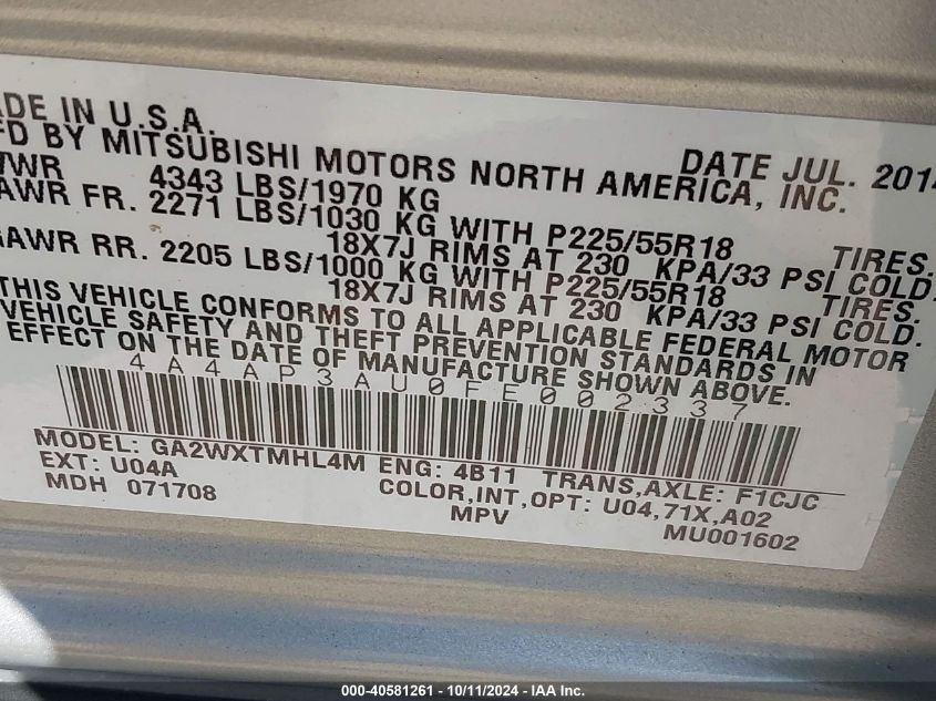 4A4AP3AU0FE002337 2015 Mitsubishi Outlander Sport Es