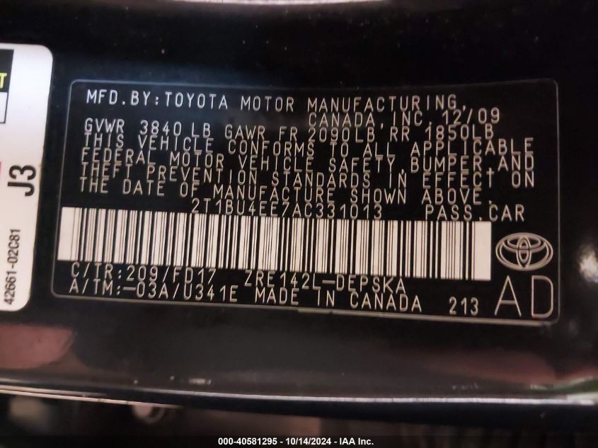 2010 Toyota Corolla S/Le/Xle VIN: 2T1BU4EE7AC331013 Lot: 40581295
