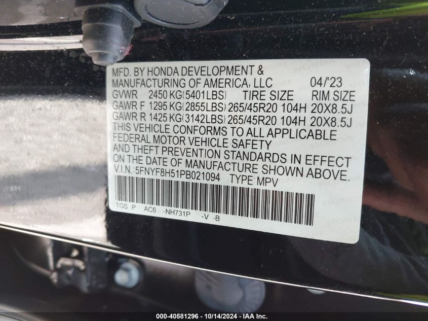 2023 Honda Passport Awd Ex-L VIN: 5FNYF8H51PB021094 Lot: 40581296