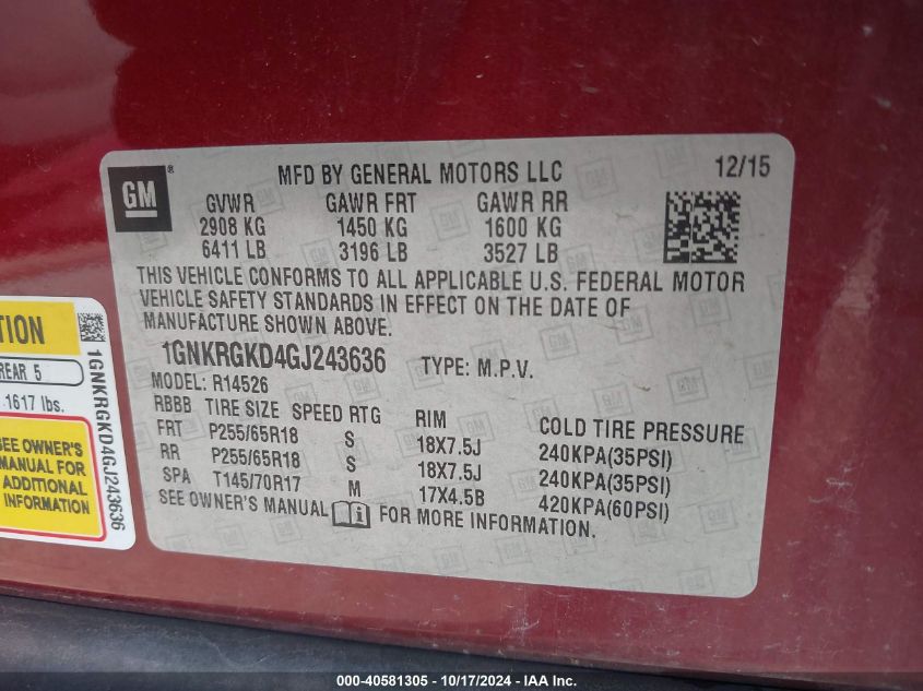 2016 Chevrolet Traverse 1Lt VIN: IGNKRGKD4GJ243636 Lot: 40581305