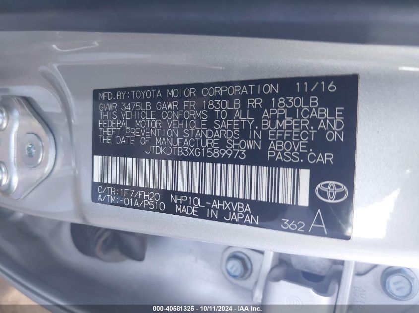 JTDKDTB3XG1589973 2016 Toyota Prius C