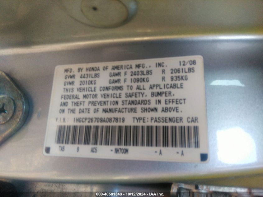 2009 Honda Accord 2.4 Ex VIN: 1HGCP26709A087819 Lot: 40581348