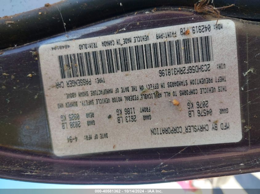 1994 Chrysler Lhs VIN: 2C3HD56F2RH318196 Lot: 40581362