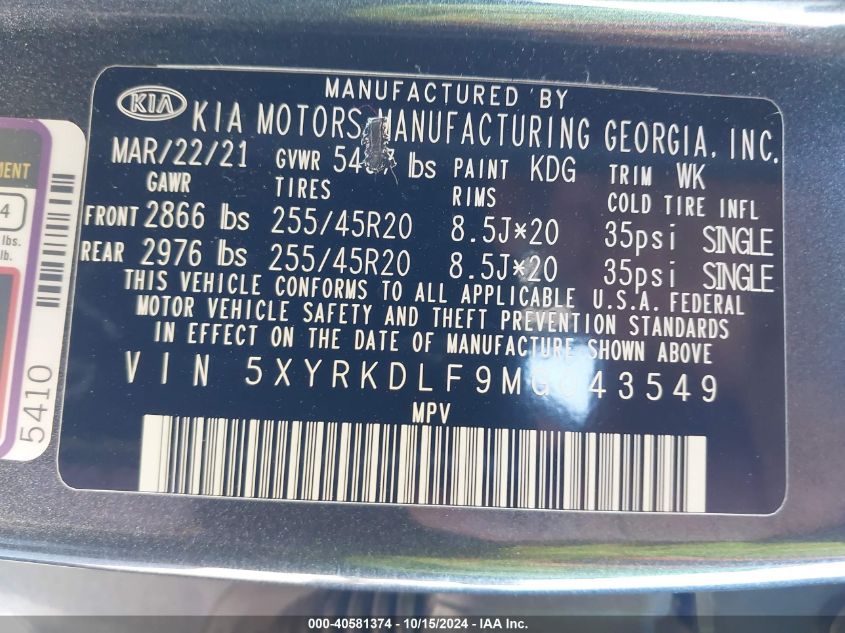 2021 Kia Sorento Sx Prestige VIN: 5XYRKDLF9MG043549 Lot: 40581374