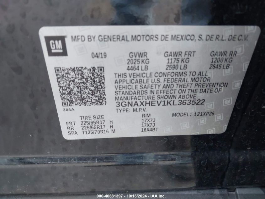 2019 Chevrolet Equinox Ls VIN: 3GNAXHEV1KL363522 Lot: 40581397