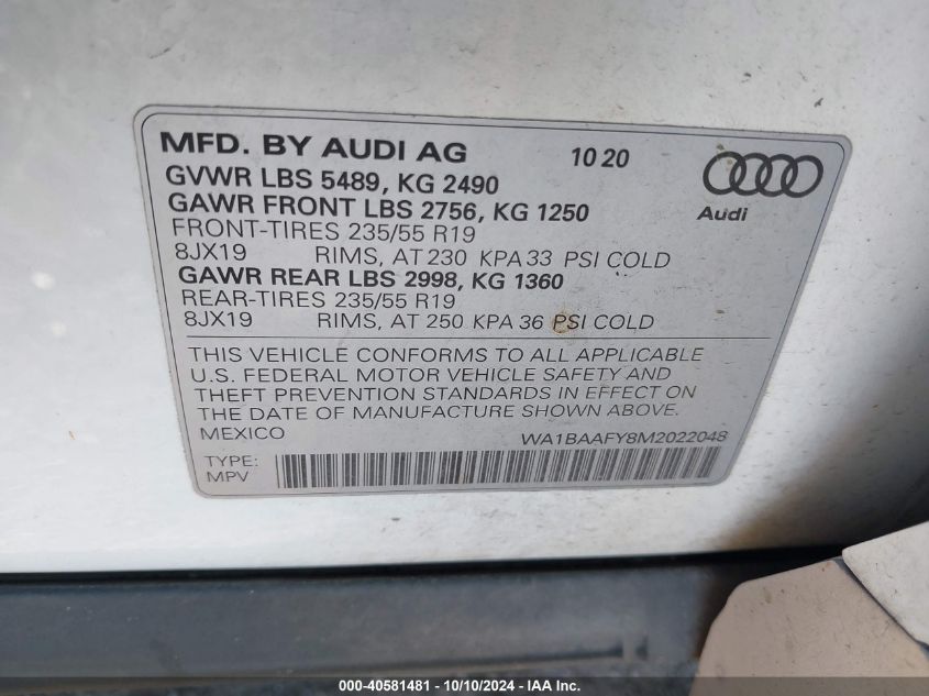 WA1BAAFY8M2022048 2021 Audi Q5 Premium Plus 45 Tfsi Quattro S Tronic