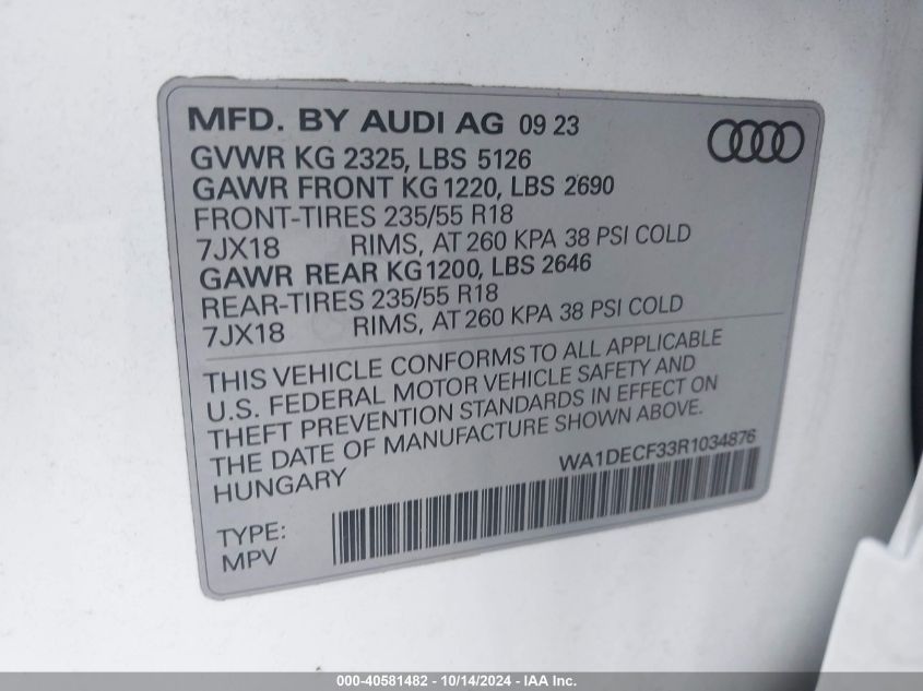 2024 Audi Q3 Premium 45 Tfsi S Line Quattro Tiptronic VIN: WA1DECF33R1034876 Lot: 40581482