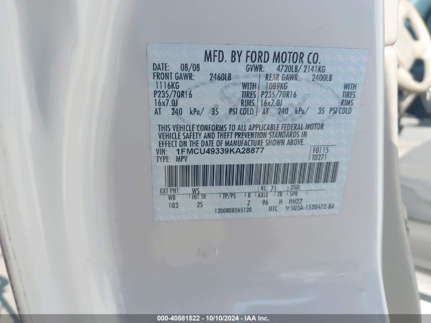 1FMCU49339KA28877 2009 Ford Escape Hybrid Limited