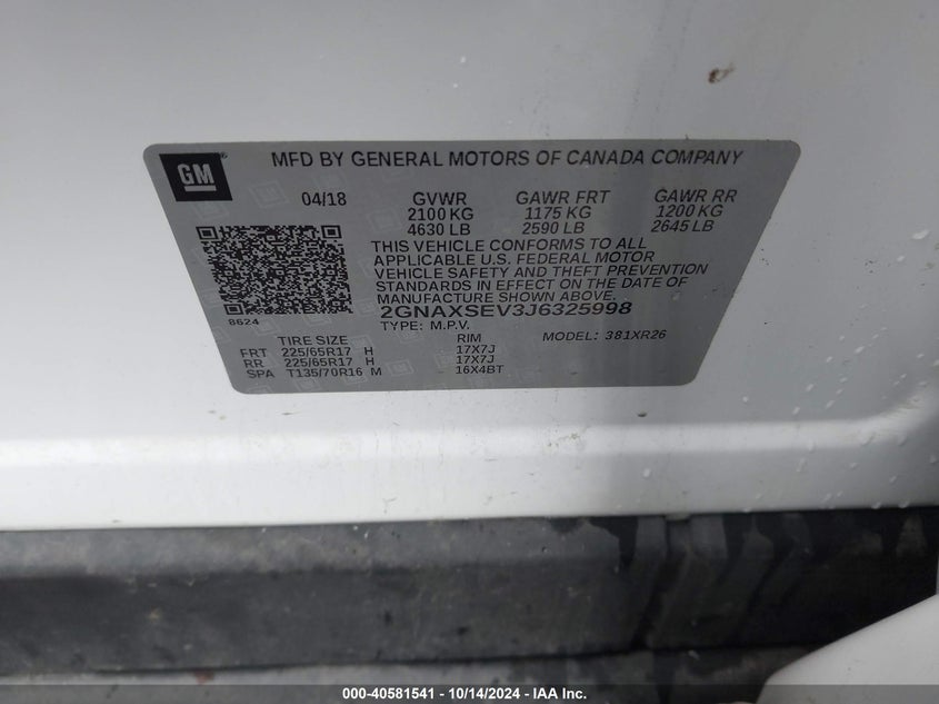 VIN 2GNAXSEV3J6325998 2018 CHEVROLET EQUINOX LT
