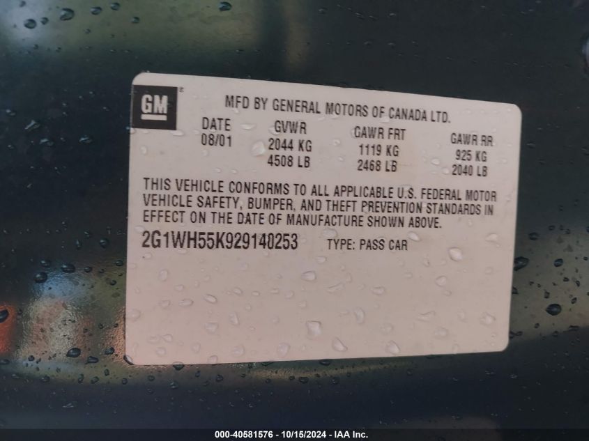 2002 Chevrolet Impala Ls VIN: 2G1WH55K929140253 Lot: 40581576