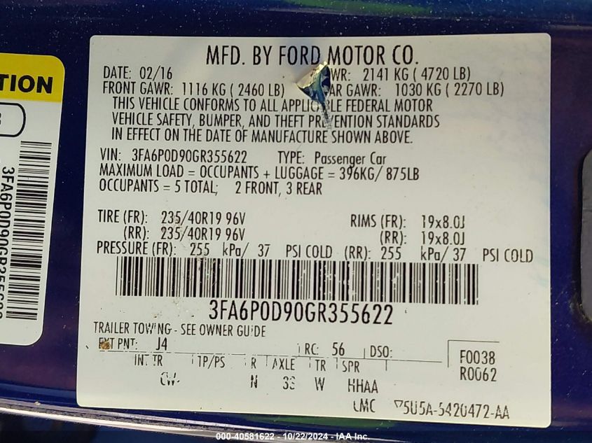 VIN 3FA6P0D90GR355622 2016 Ford Fusion, Titanium no.9