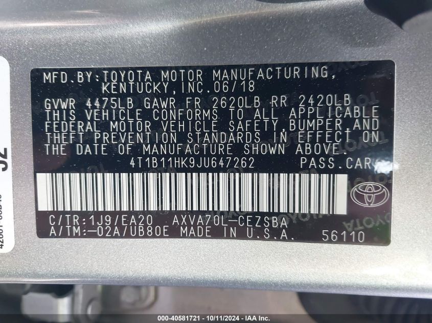 4T1B11HK9JU647262 2018 Toyota Camry Se