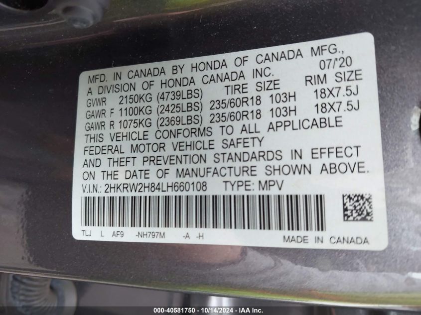 2020 HONDA CR-V AWD EX-L - 2HKRW2H84LH660108