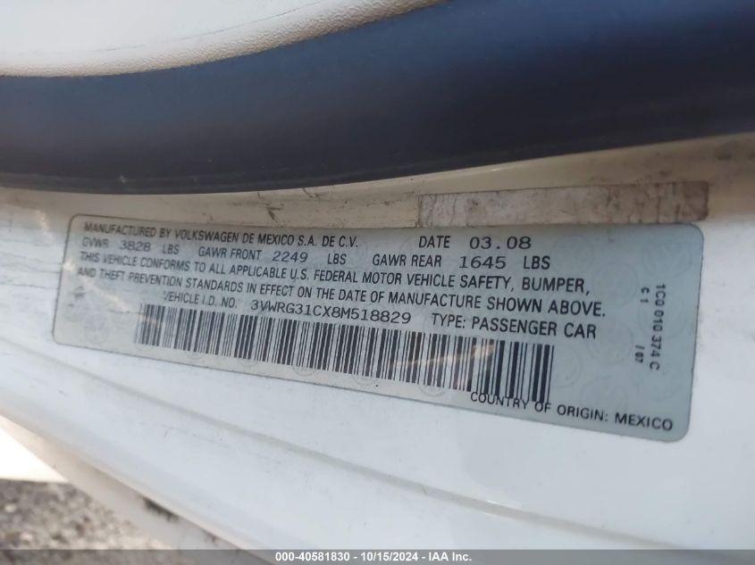 2008 Volkswagen New Beetle S/Se VIN: 3VWRG31CX8M518829 Lot: 40581830