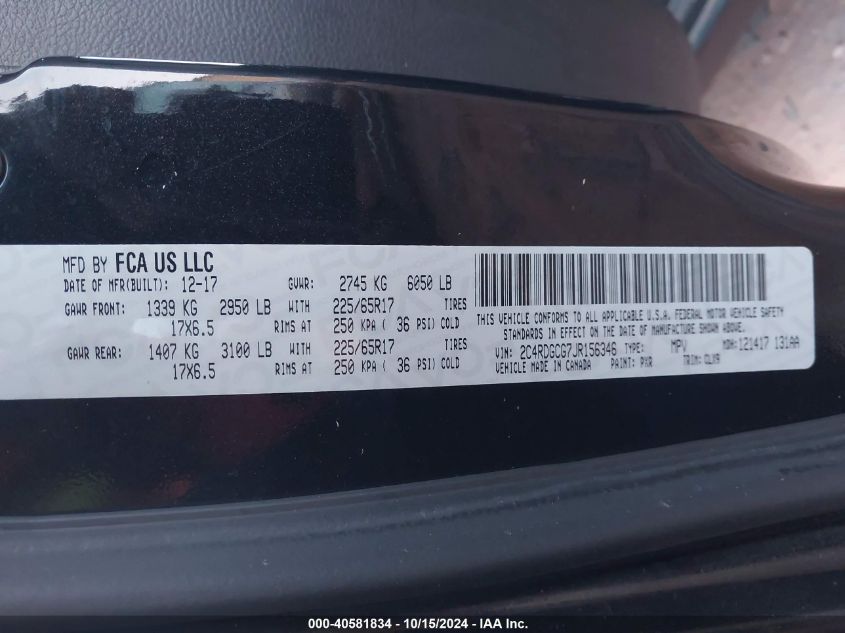 2018 Dodge Grand Caravan Sxt VIN: 2C4RDGCG7JR156346 Lot: 40581834