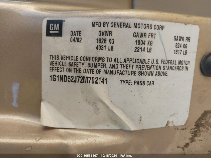 2002 Chevrolet Malibu VIN: 1G1ND52J72M702141 Lot: 40581867