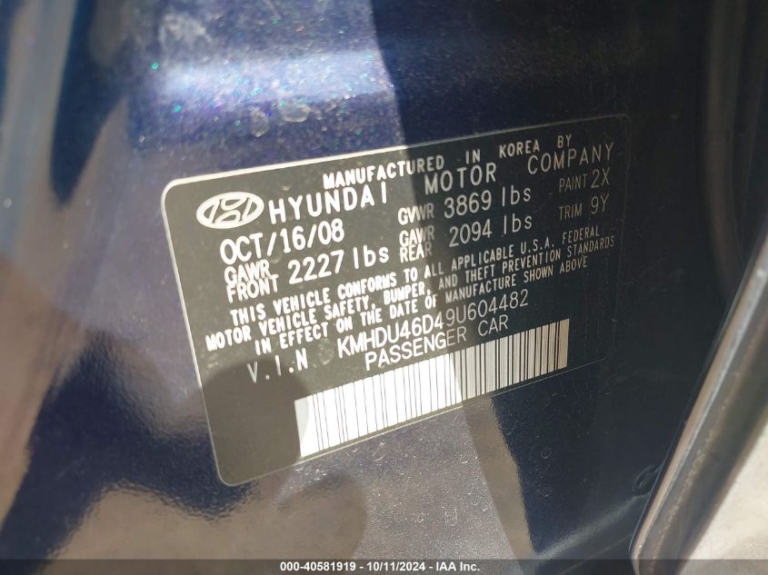 KMHDU46D49U604482 2009 Hyundai Elantra Gls