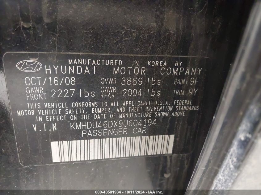 KMHDU46DX9U604194 2009 Hyundai Elantra Gls