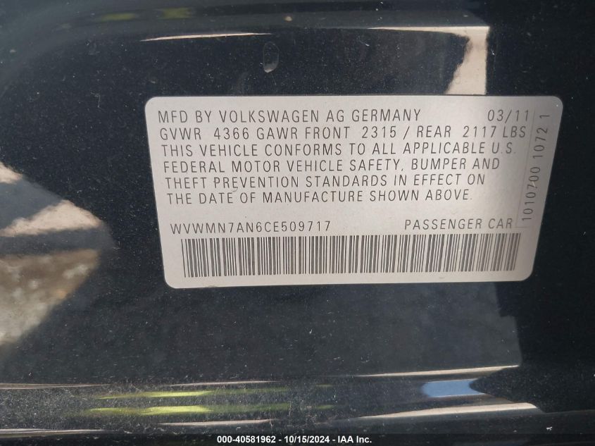2012 Volkswagen Cc Sport VIN: WVWMN7AN6CE509717 Lot: 40581962