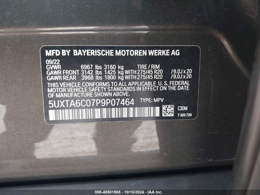 2023 BMW X5 Phev xDrive45E VIN: 5UXTA6C07P9P07464 Lot: 40581985