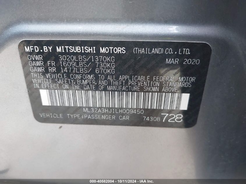 2020 Mitsubishi Mirage Es VIN: ML32A3HJ1LH009450 Lot: 40582004