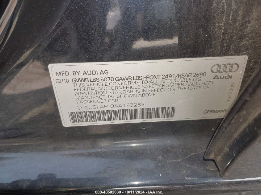 2010 Audi A4 2.0T Premium VIN: WAUSFAFL0AA157289 Lot: 40582030