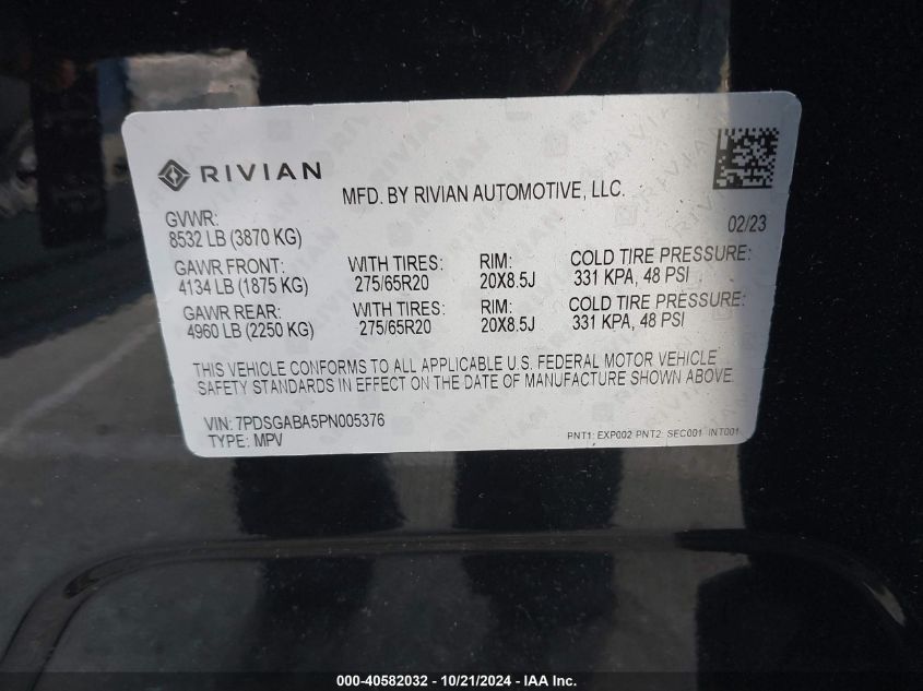 2023 Rivian R1S Adventure VIN: 7PDSGABA5PN005376 Lot: 40582032