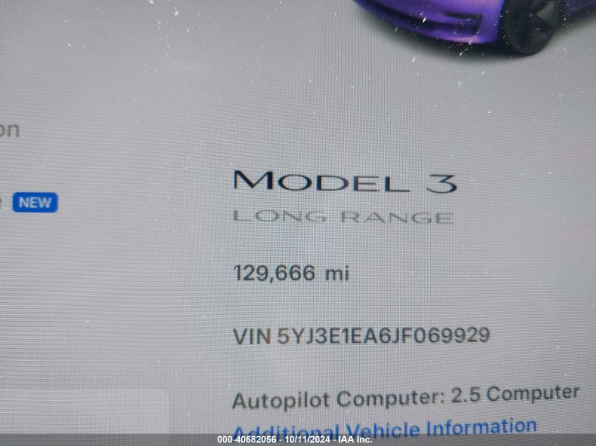 2018 Tesla Model 3 Long Range/Mid Range VIN: 5YJ3E1EA6JF069929 Lot: 40582056