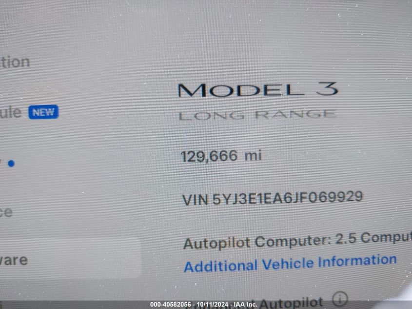 2018 Tesla Model 3 Long Range/Mid Range VIN: 5YJ3E1EA6JF069929 Lot: 40582056