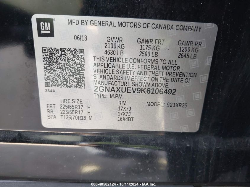 2GNAXUEV9K6106492 2019 Chevrolet Equinox Lt