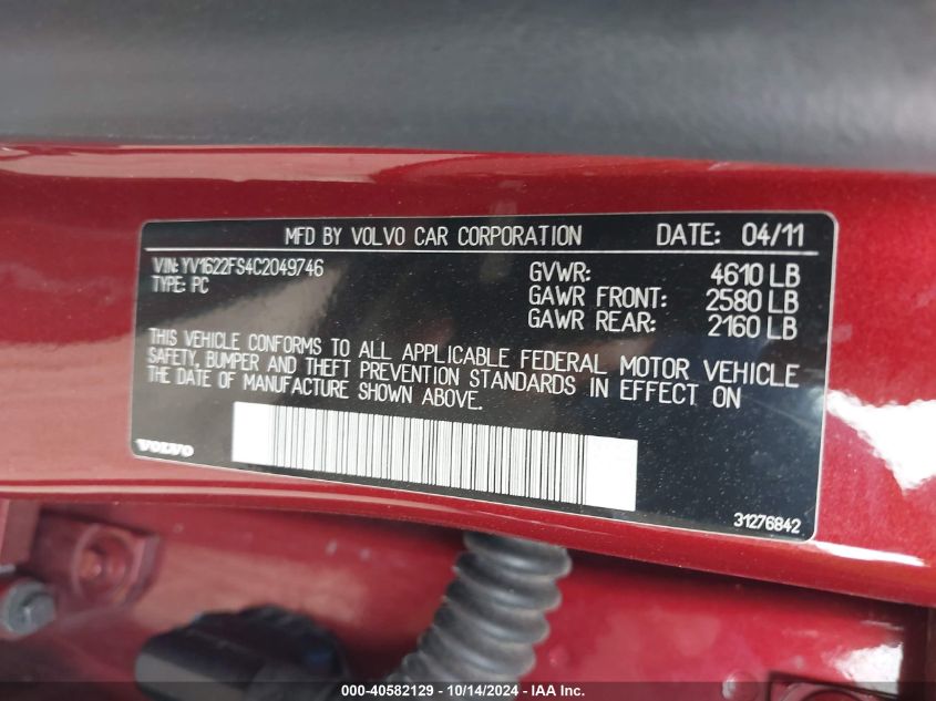 2012 Volvo S60 T5 VIN: YV1622FS4C2049746 Lot: 40582129