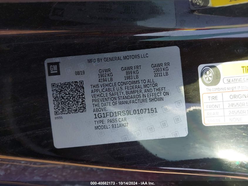 2020 Chevrolet Camaro Rwd 2Lt VIN: 1G1FD1RS9L0107151 Lot: 40582173