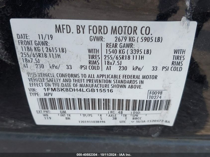 1FMSK8DH4LGB15516 2020 Ford Explorer Xlt