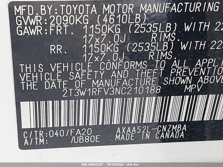 2022 Toyota Rav4 Xle VIN: 2T3W1RFV3NC210188 Lot: 40582307